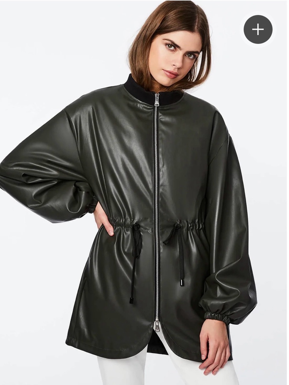 Bernardo Olive Green Faux-Leather Drawstring-Waist Long XL Bomber Jacket